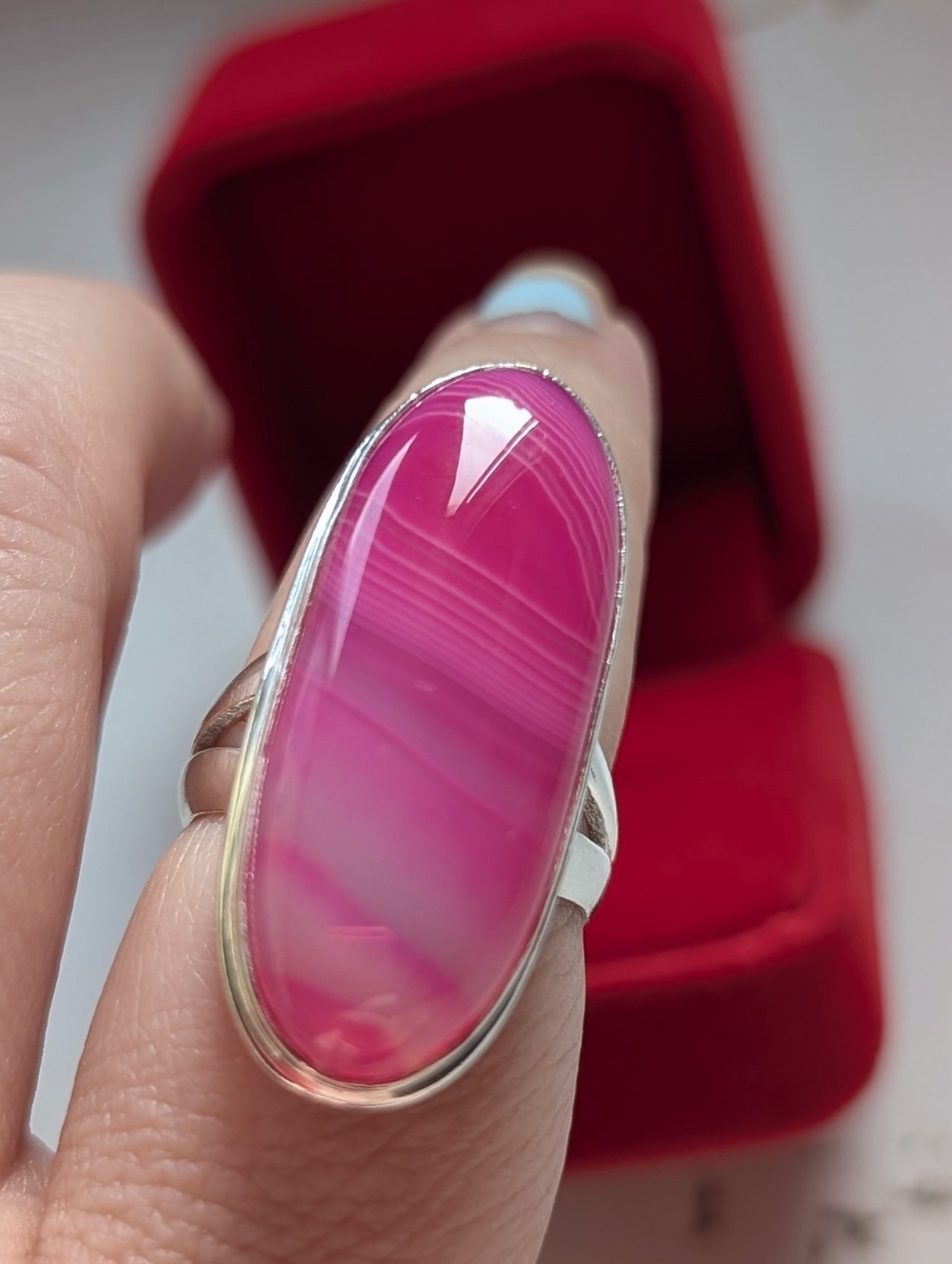 Vintage Pink Agate Oval Statement Ring In Sterling Silver Size 9.75